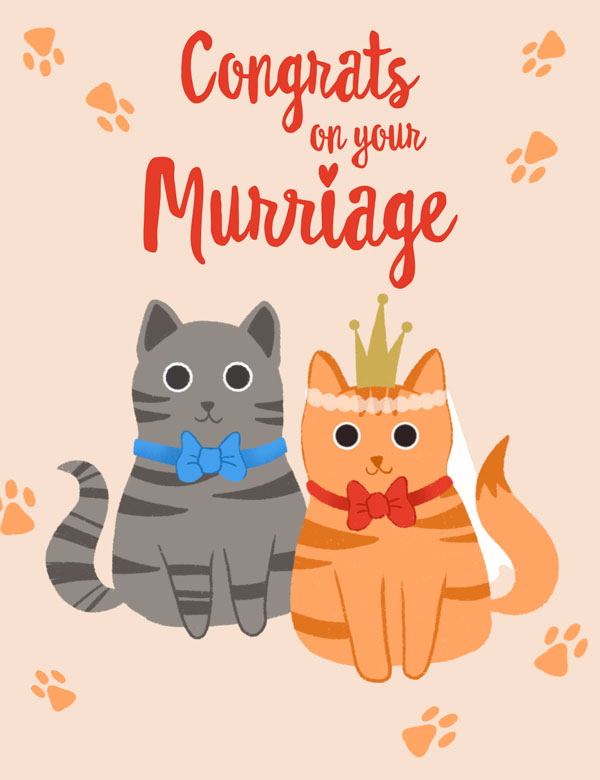 Wedding card with cute cats and a pun joke