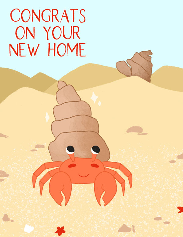 Congratulation on your new home card with a hermit crab in the sand