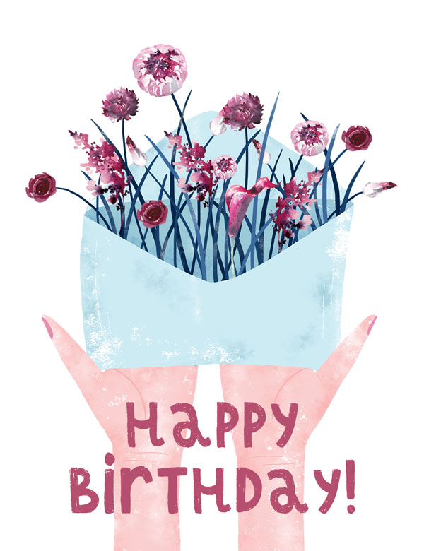 Birthday group greeting card with envelope and flowers