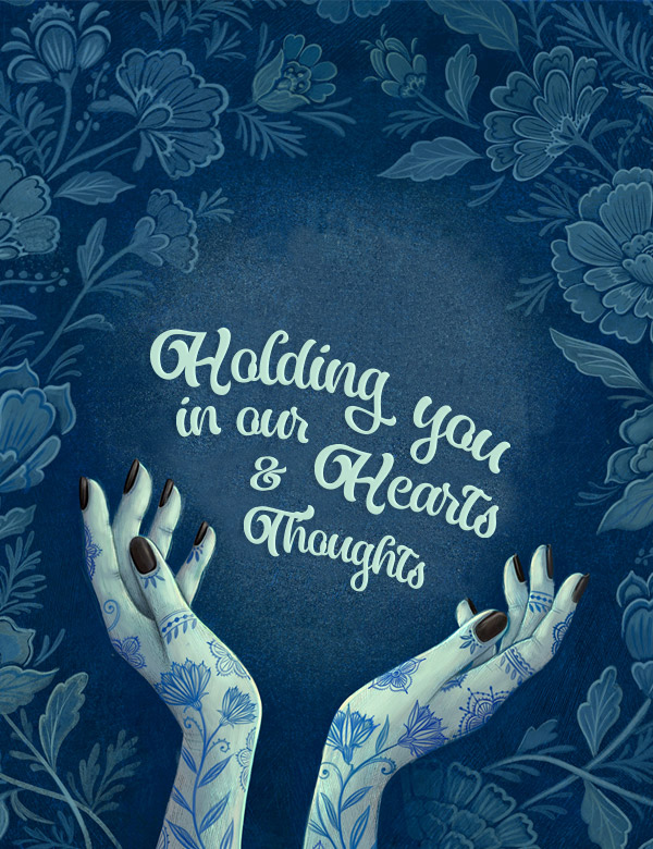 "Holding you in our hearts and thoughts" sympathy card, with flowers