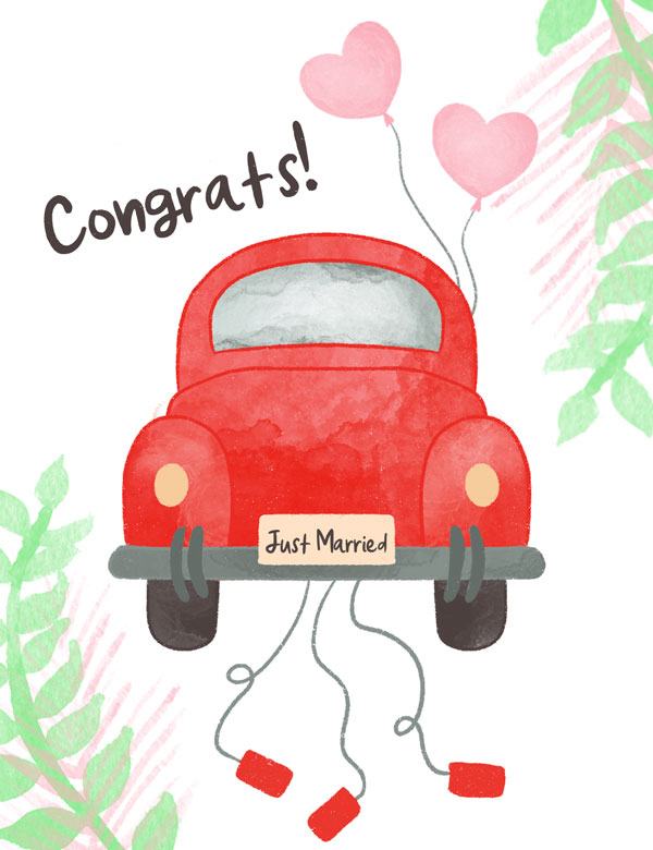 Just Married sign on a red car, wedding greeting card