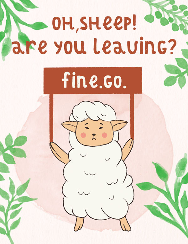 Goodbye card with sheep, leaves, and pun joke