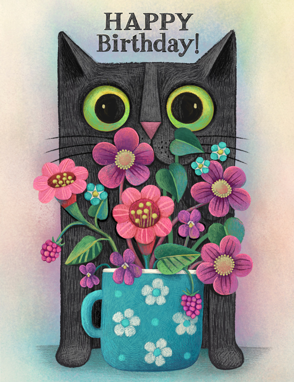 Birthday group ecard with a cat and flowers