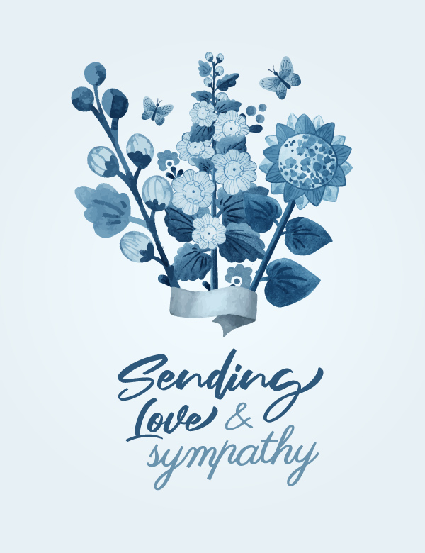 "Sending Love & Sympathy" group sympathy ecard with blue flowers and butterflies