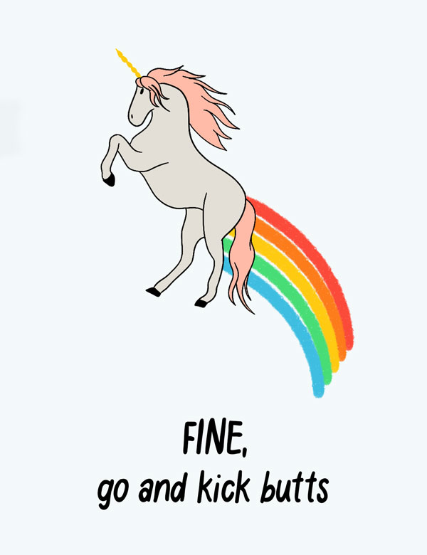  Leaving group greeting card with unicorn "Go and kick butts"